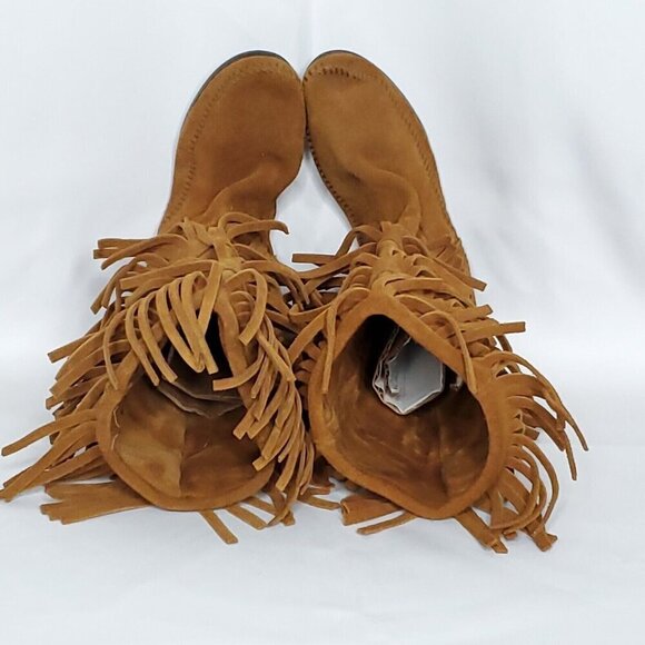 Minnetonka 3 Layer Fringe Moccasin Boots 9 Brown Suede Mid Calf Boho Hippie - Picture 5 of 13